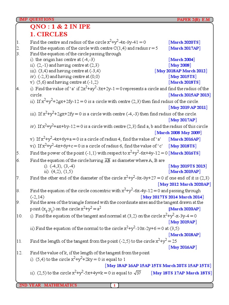 2B IMP QUESTIONS (March - 2021) | PDF | Circle | Ellipse