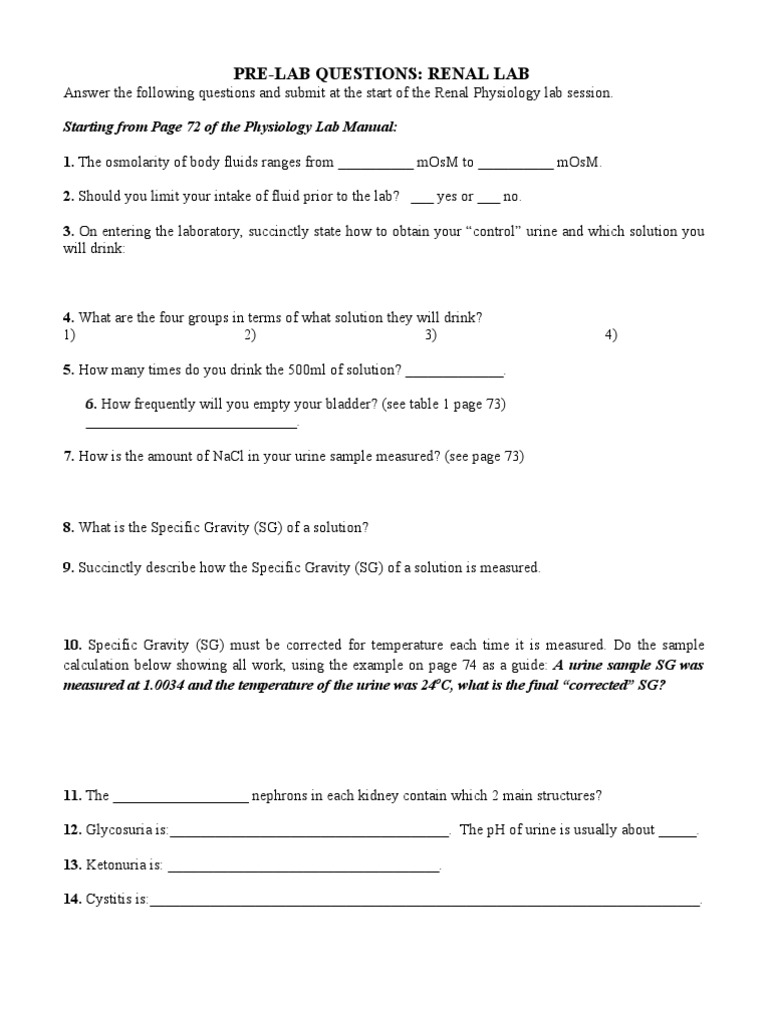 Pre-Lab Questions: Renal Lab: Starting From Page 72 of The Physiology ...