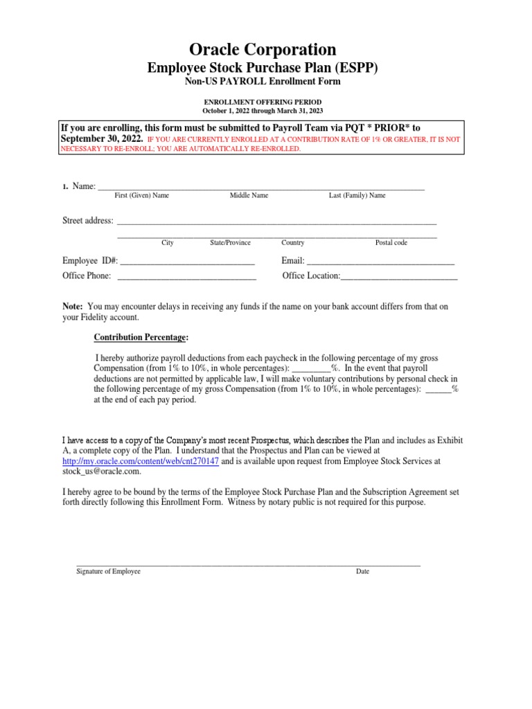 Oracle ESPP Enrollment Form | PDF | Paycheck | Business