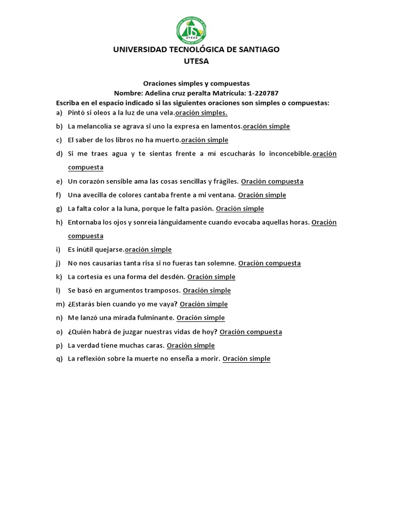 Ejercicio Oraciones Simples y Compuestas | PDF