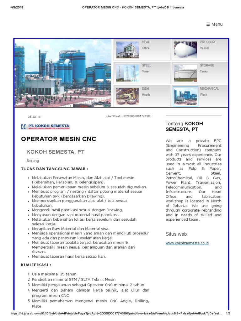 Operator Mesin CNC Kokoh Semesta, PT Jobsdb Indonesia PDF