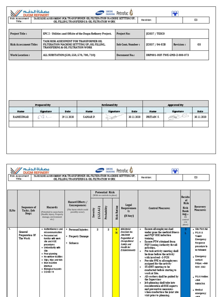 Risk Assessment for Transformer Oil Filtration Machine Setup, Oil ...