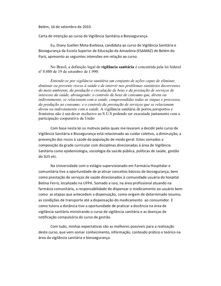 Carta De Intencao Curso Especializacao - s Carta De