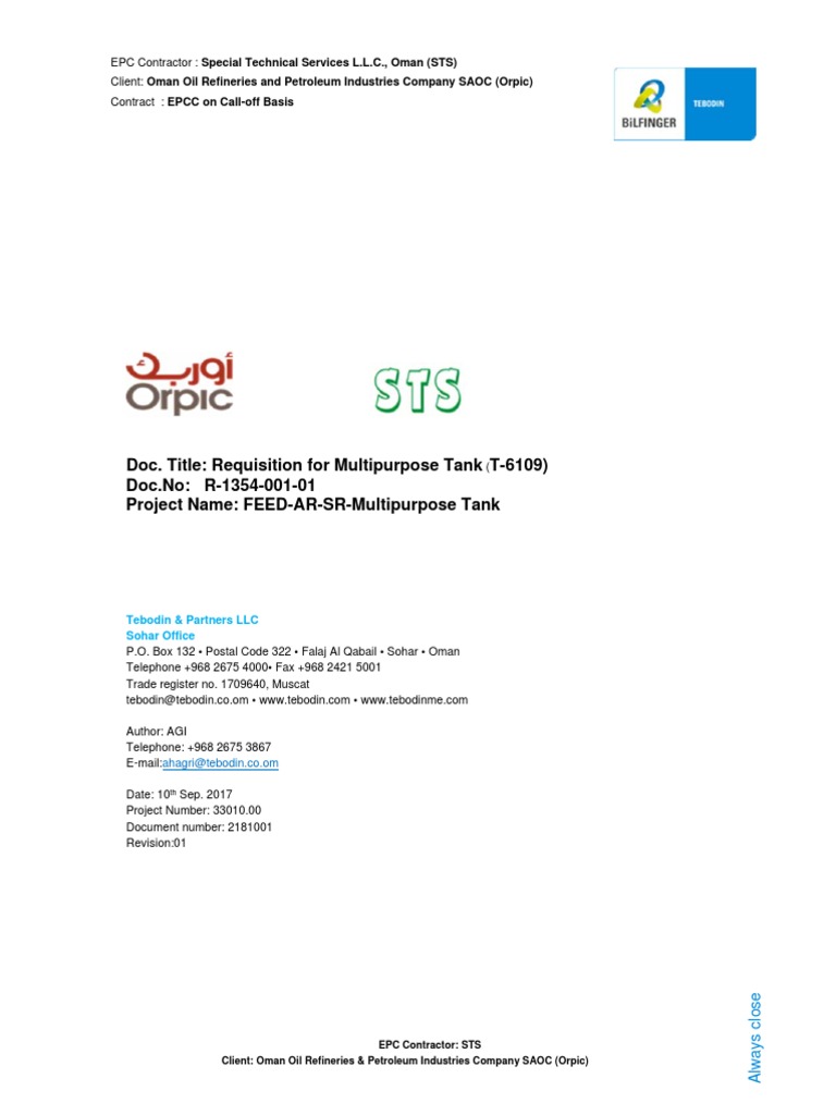 Multipurpose Tank Requisition for Orpic | PDF | Specification ...