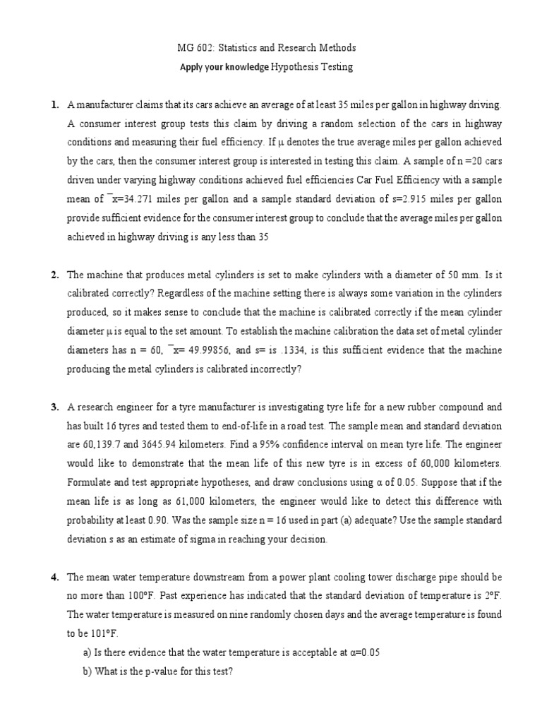 Hypothesis Testing in Manufacturing Processes | PDF | Statistical ...