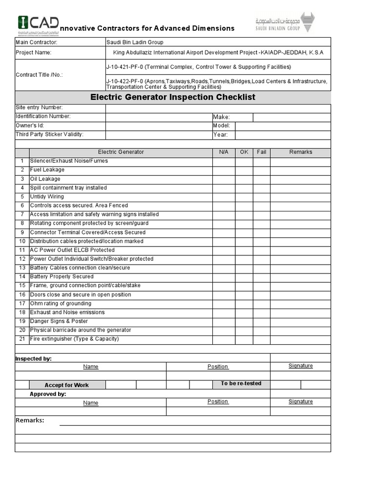 Electric Generator Inspection Checklist | PDF