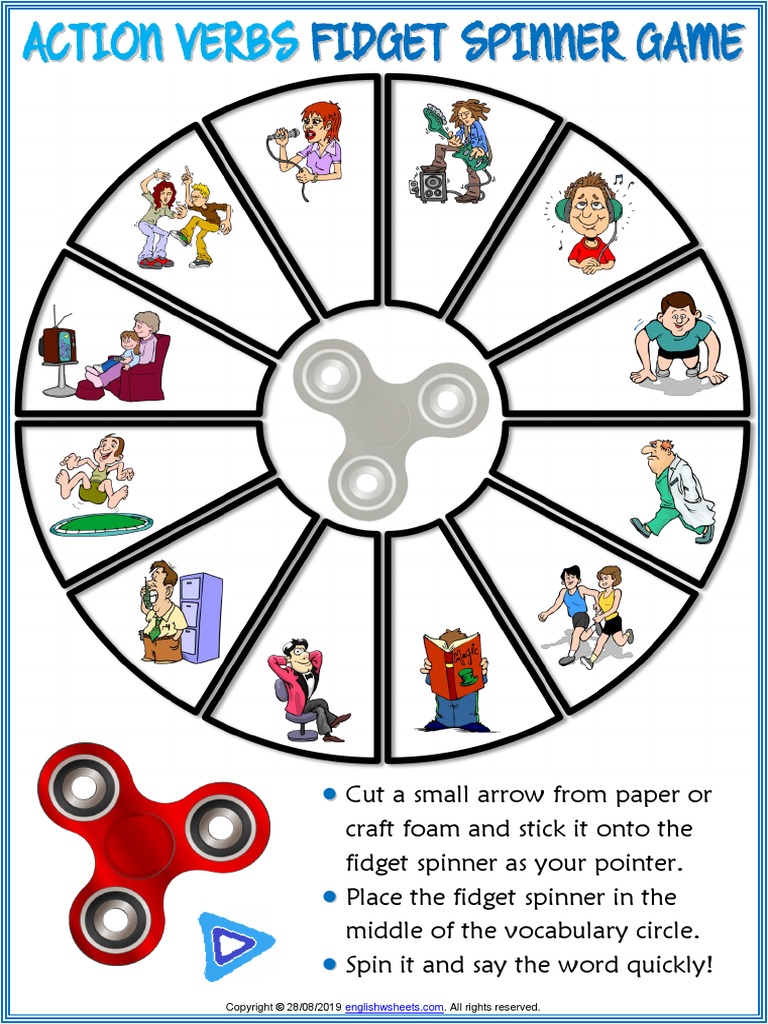 Action Verbs Vocabulary Esl Printable Fidget Spinner Game For Kids ...