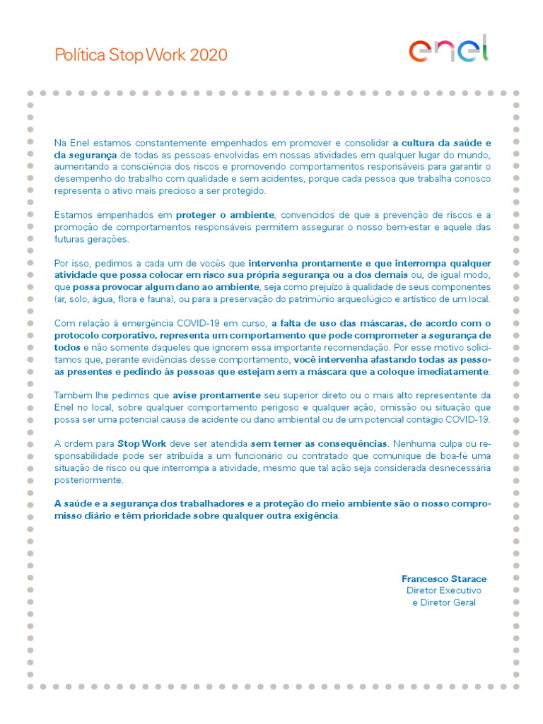 Enel Stop Work Policy - 2020 | PDF | Ambiente natural | Comportamento