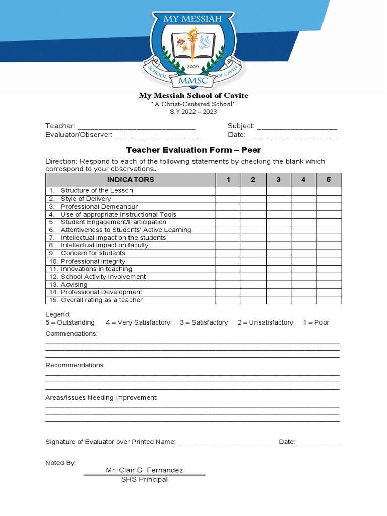 Teacher Evaluation Form for Messiah School | PDF