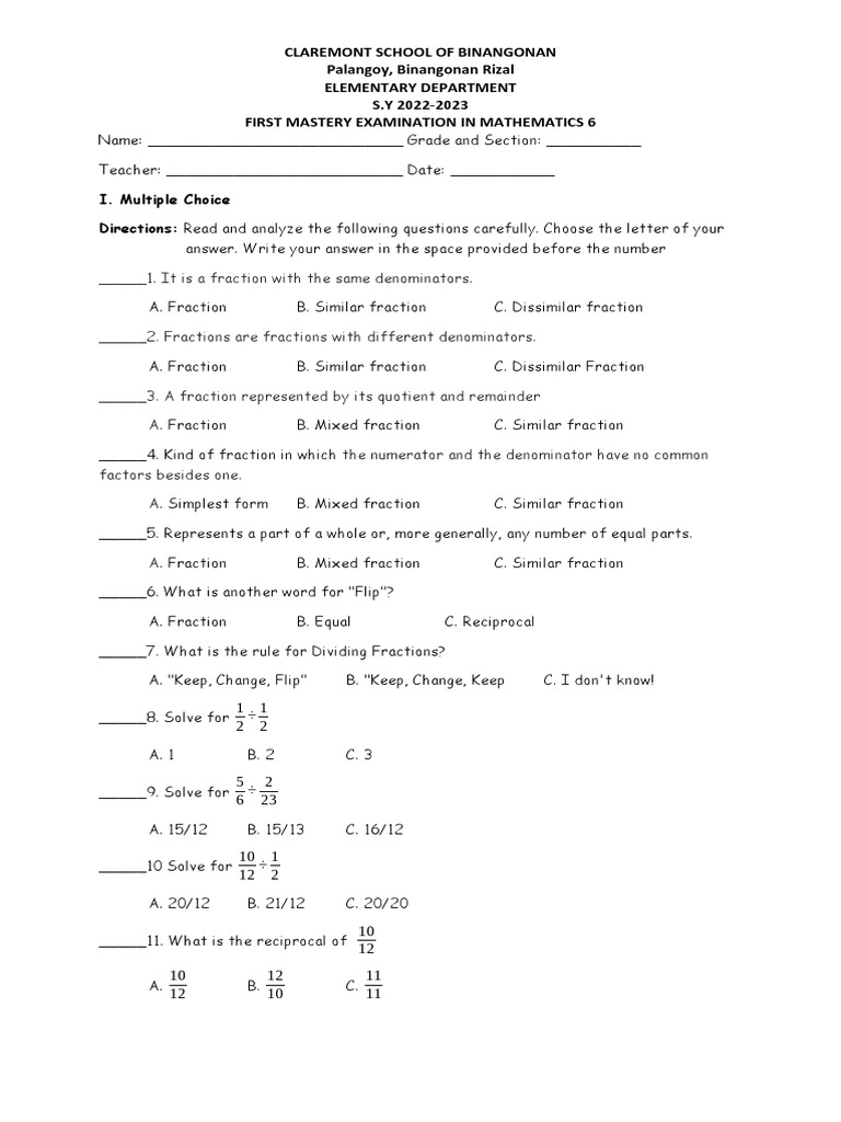 Grade 6 Math Mastery Exam Paper | PDF | Mathematics | Algebra