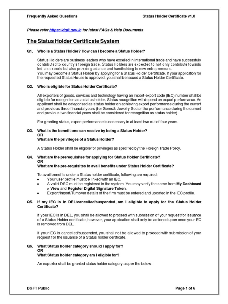 DGFT FAQs Status Holder Certificate v1.0 PDF