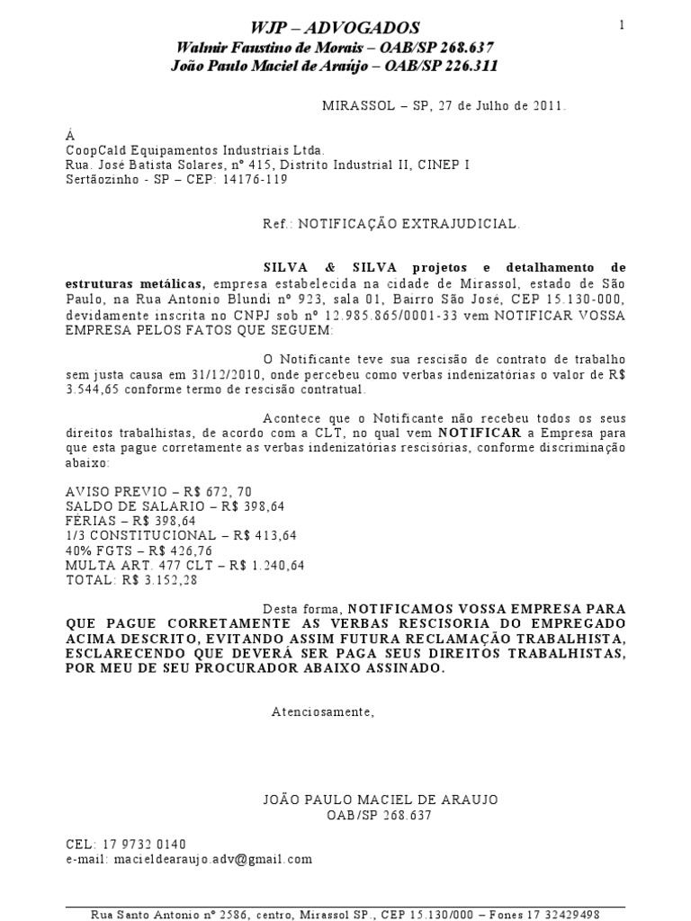 Notificação Extrajudicial de Verbas Rescisórias | PDF | Negócios