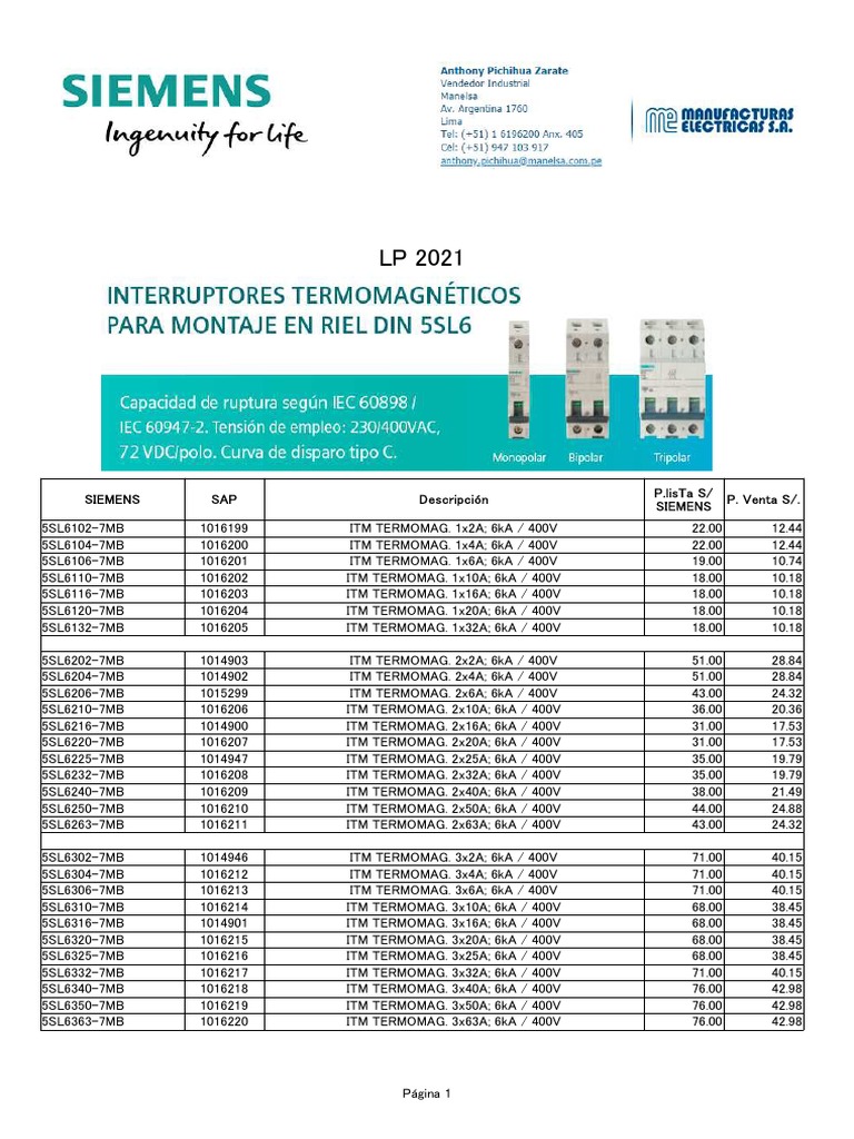 Lista de Precios Siemens 2021 PDF Electric Power