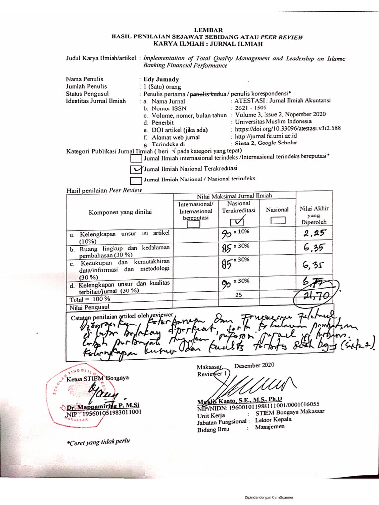 Peer Reviewer Jurnal Sinta 2 Implementation of TQM and Leadership On ...