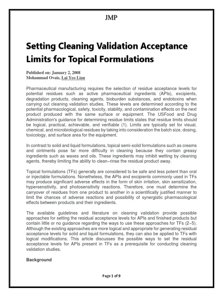 Setting Cleaning Validation Acceptance Limits for Topical Formulations