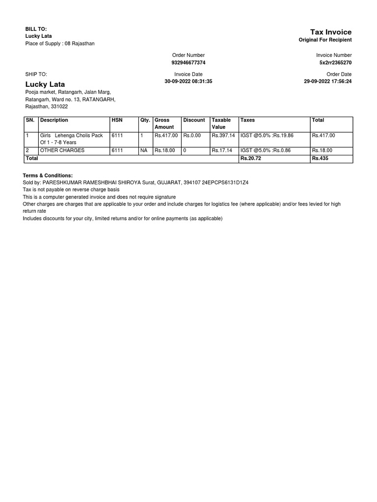 Invoice for Girls Lehenga Cholis | PDF