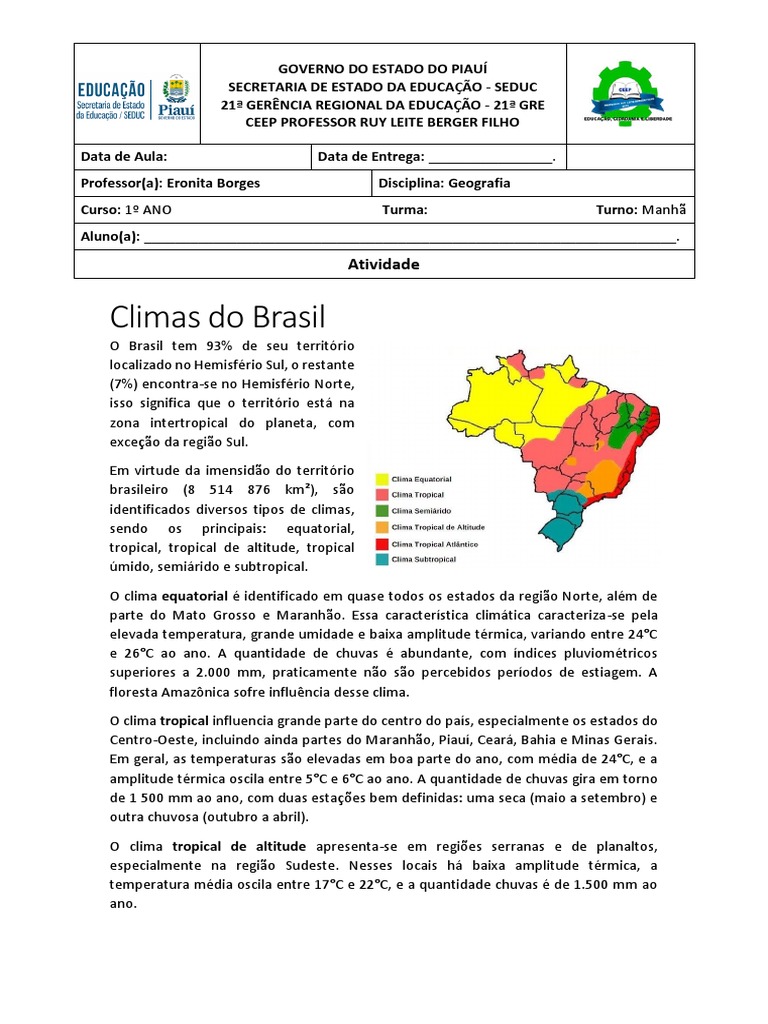 Atividade sobre Climas do Brasil | PDF | Trópicos | Brasil