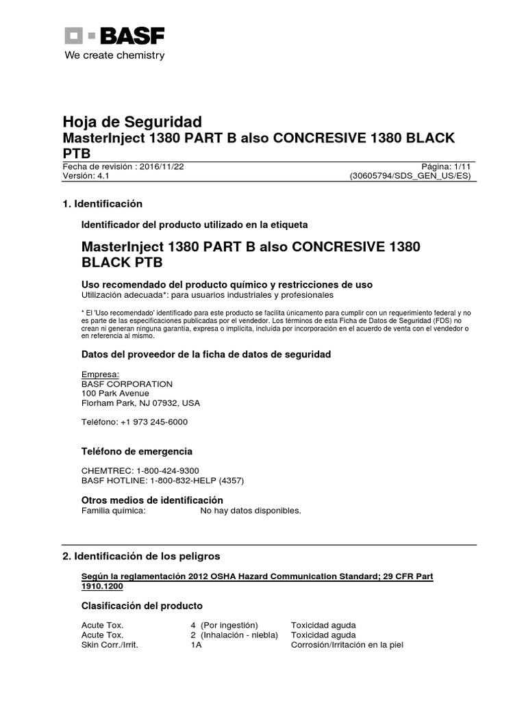 Msds Masterinject 1380 Part B | PDF | Toxicidad | Contaminación