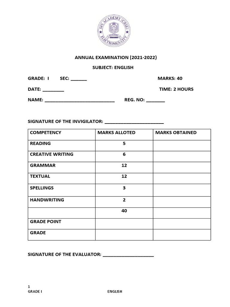 Class 1 English Annual Exam Paper | PDF | Language Arts & Discipline ...