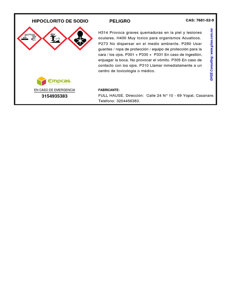 Etiqueta de Seguridad Hipoclorito de Sodio | PDF | Relaciones ...