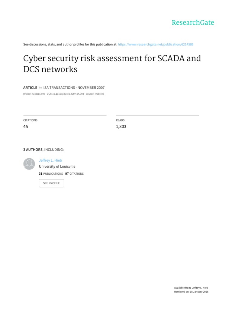 Cyber Security Risk Assessment For SCADA and DCS Networks: Isa ...
