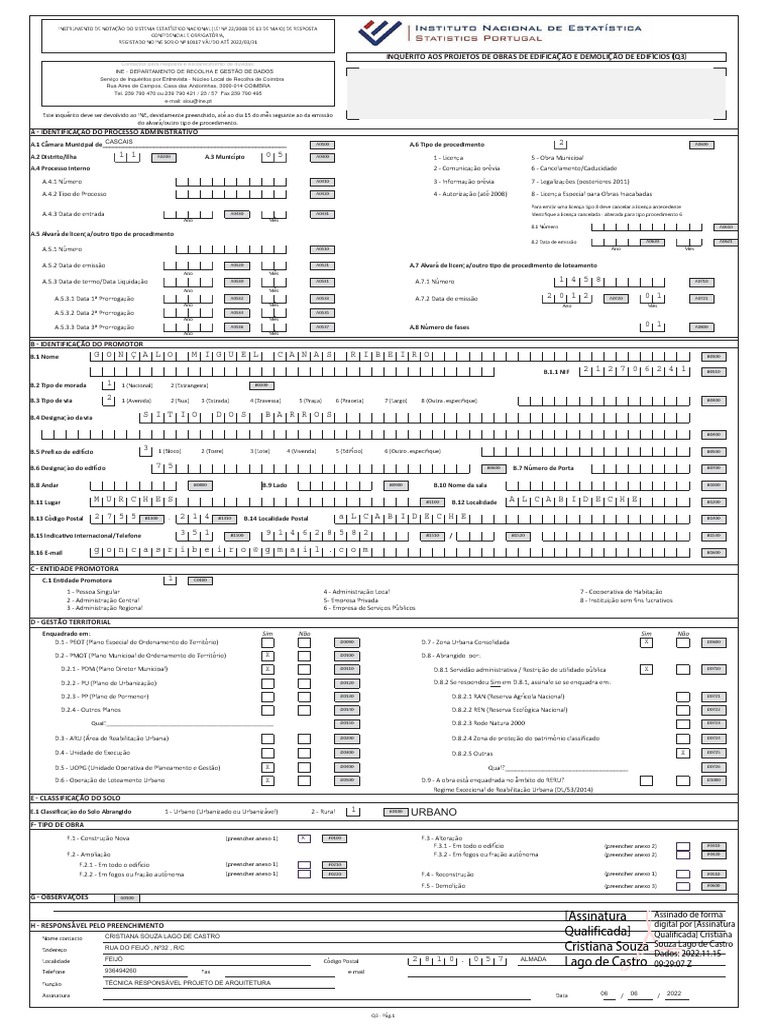 INE. Ficha Com Os Elementos Estatísticos (INE Q3) PDF