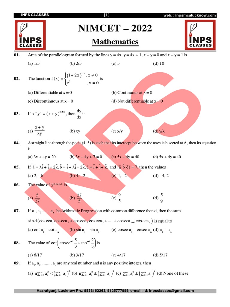 Mathematics Problems and Solutions NIMCET 2022 Practice Questions