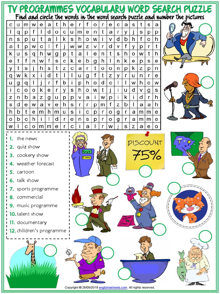 Tv Programmes Vocabulary Esl Word Search Puzzle Worksheet For Kids Pdf