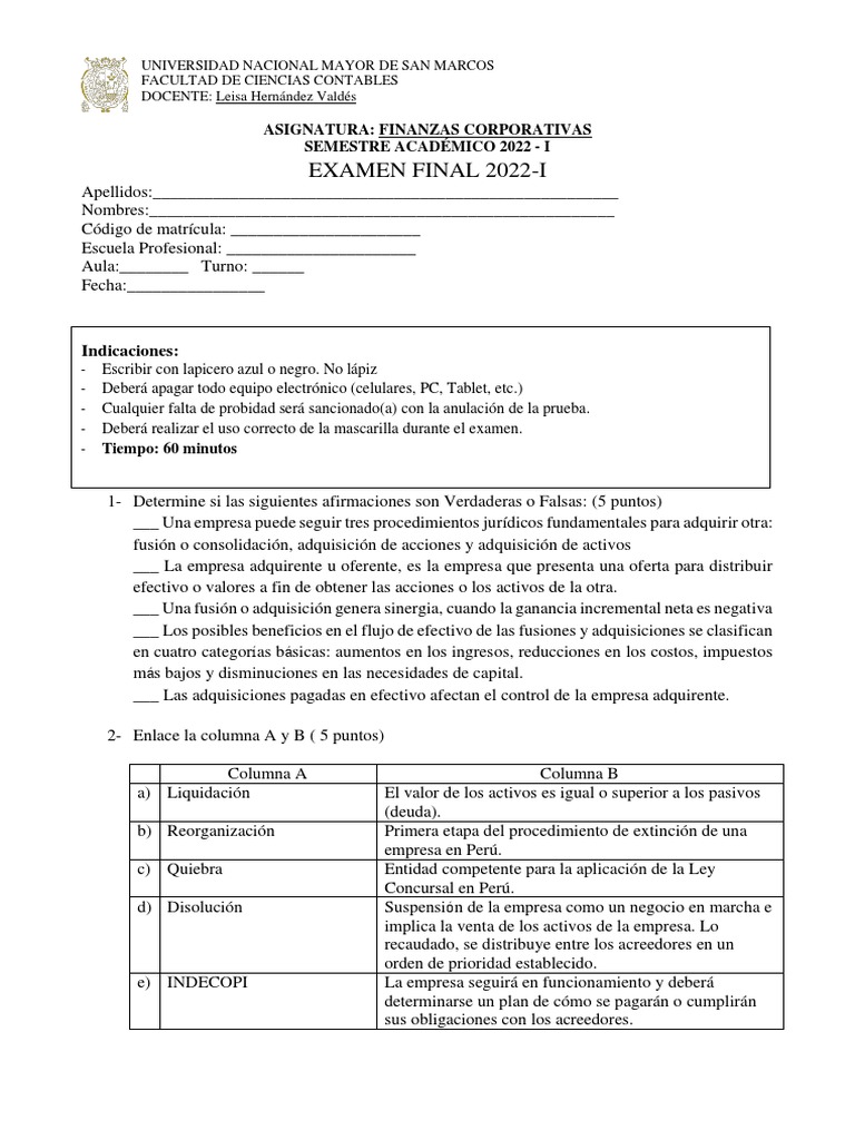 Examen Final de Finanzas Corporativas | PDF | Compartir (Finanzas ...