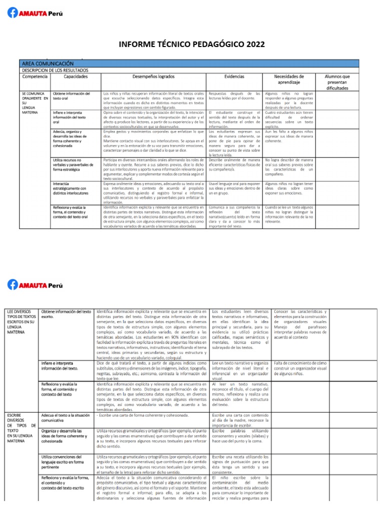 Informe Técnico Pedagógico 2022 Amauta-Perú | PDF
