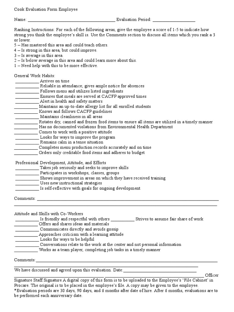 Cook Evaluation Form Employee PDF Employment Cognitive Science