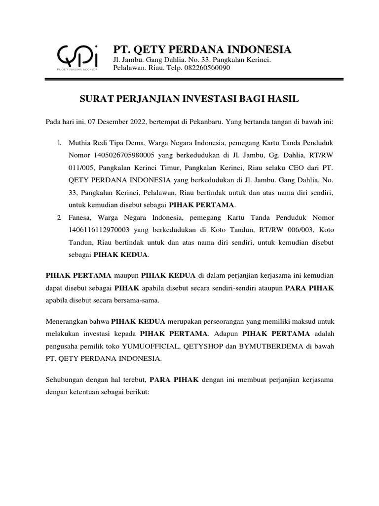 Perjanjian Investasi Bagi Hasil QETY | PDF
