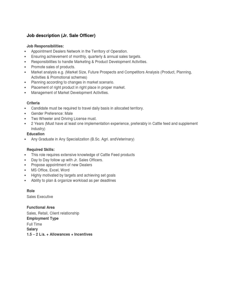 Junior Sales Officer Job Description | PDF
