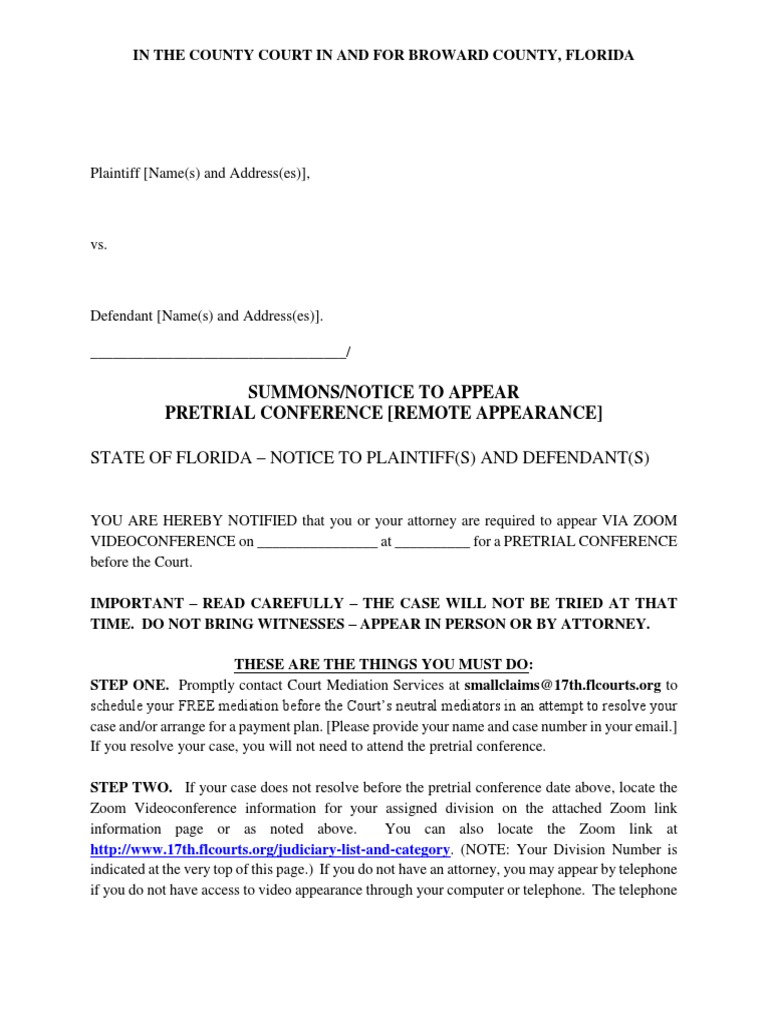 Broward County Pretrial Conference Notice | PDF | Lawsuit | Justice