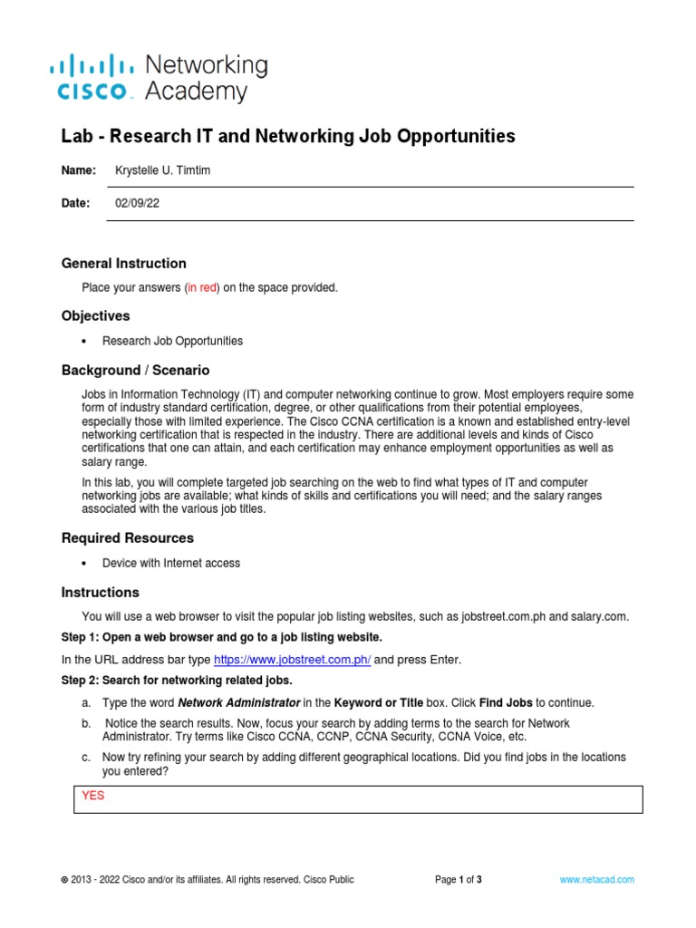 1.9.3 Lab Research IT and Networking Job Opportunities PDF Cisco
