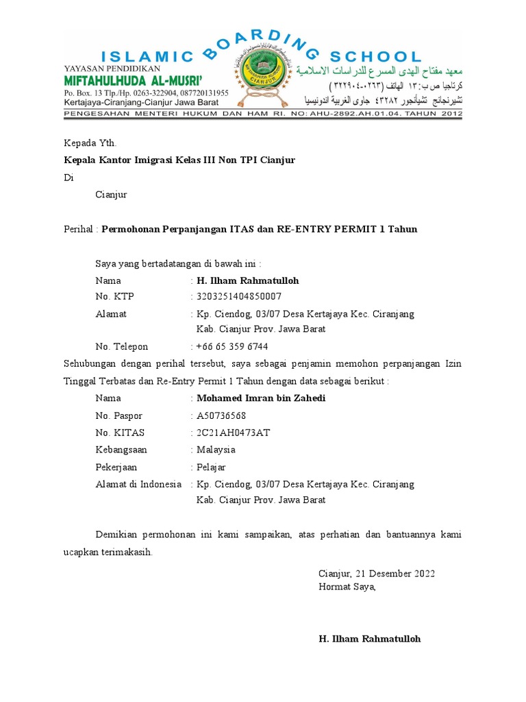 Permohonan Perpanjangan ITAS Imigrasi | PDF