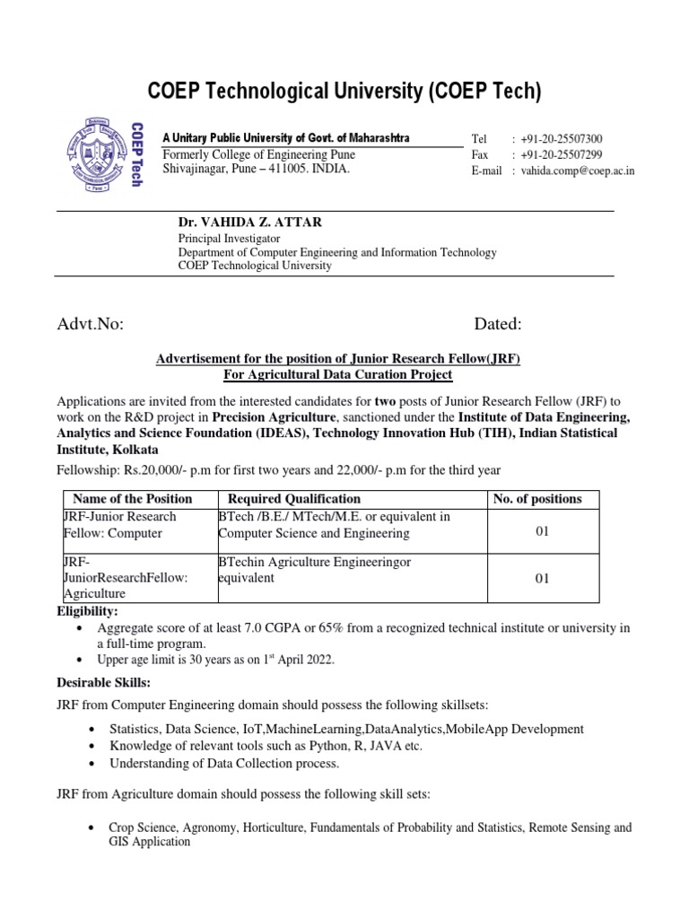 Advertisement For The Position Of Junior Research Fellow Jrf Pdf