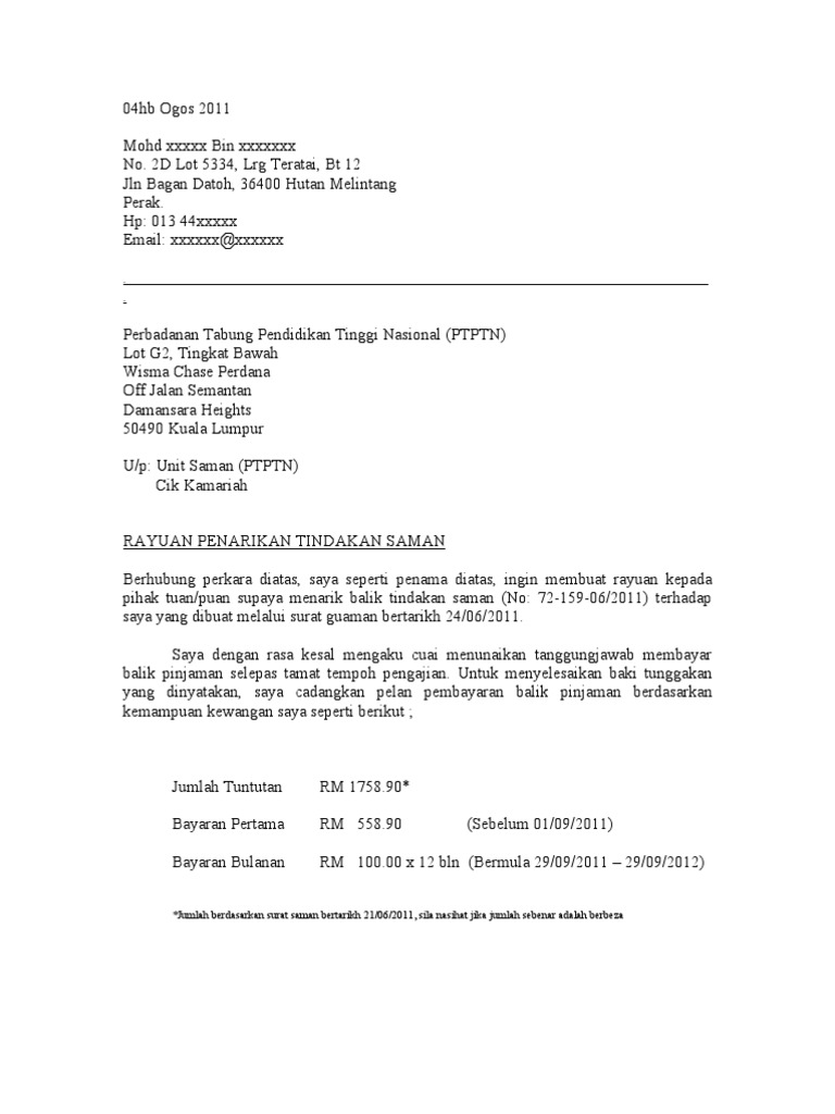 Surat Rayuan Penarikan Saman Ptptn Pdf