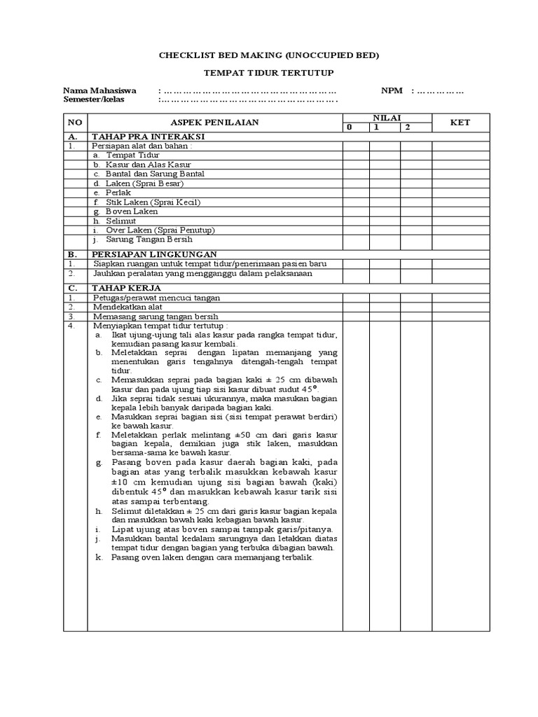 Making an unoccupied bed a step by step checklist pdf
