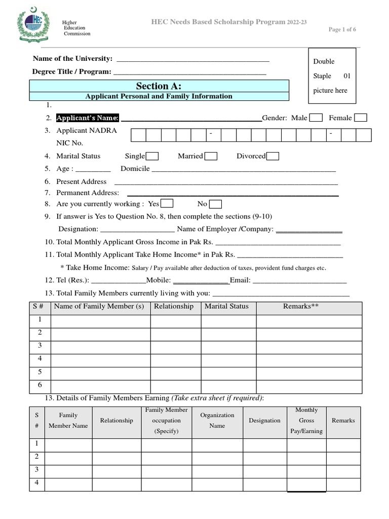 HEC Needs-Based Scholarship Form | PDF | Loans | Renting