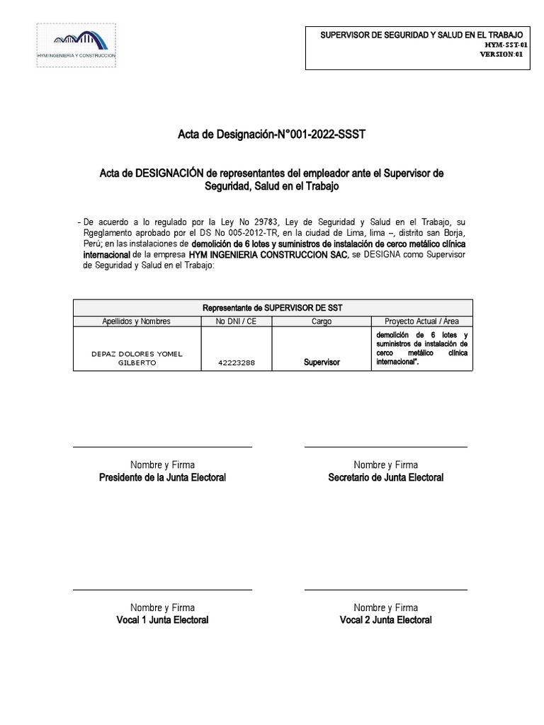 Acta de Designación de Supervisor SST | PDF