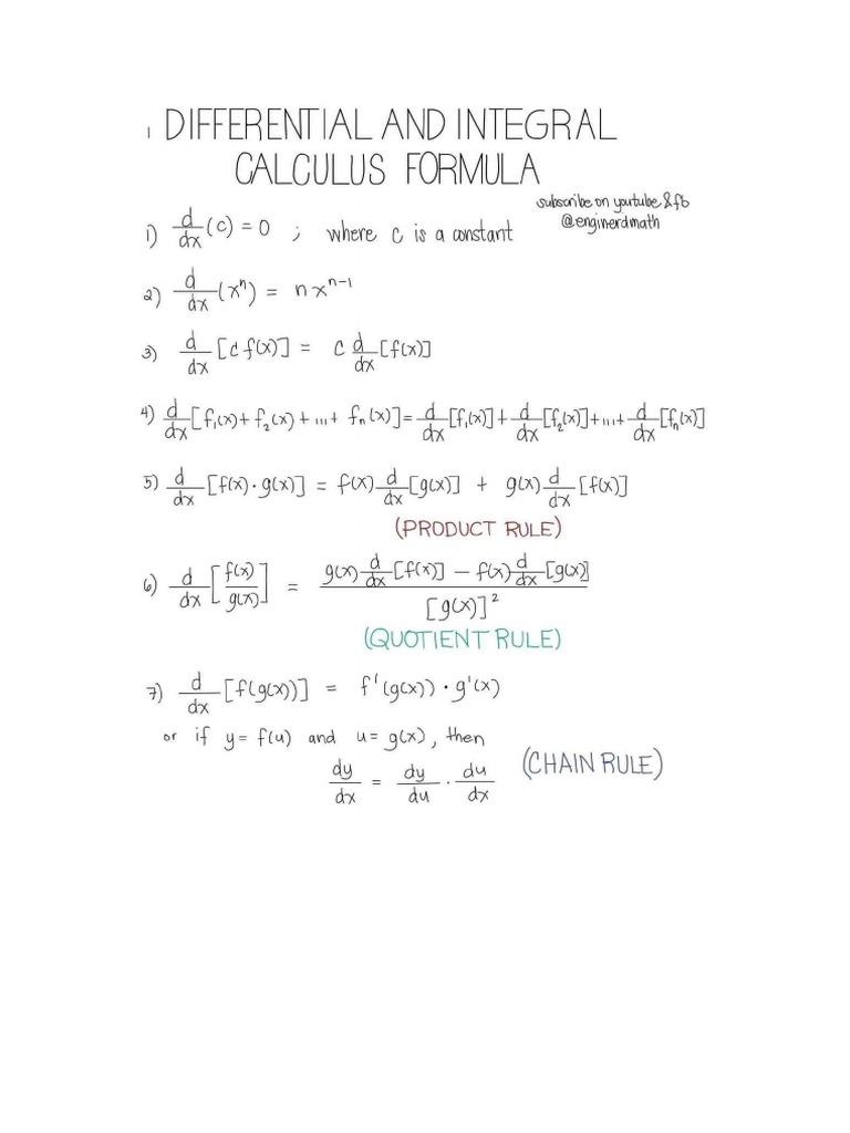Differential and Integral Calculus Formula PDF