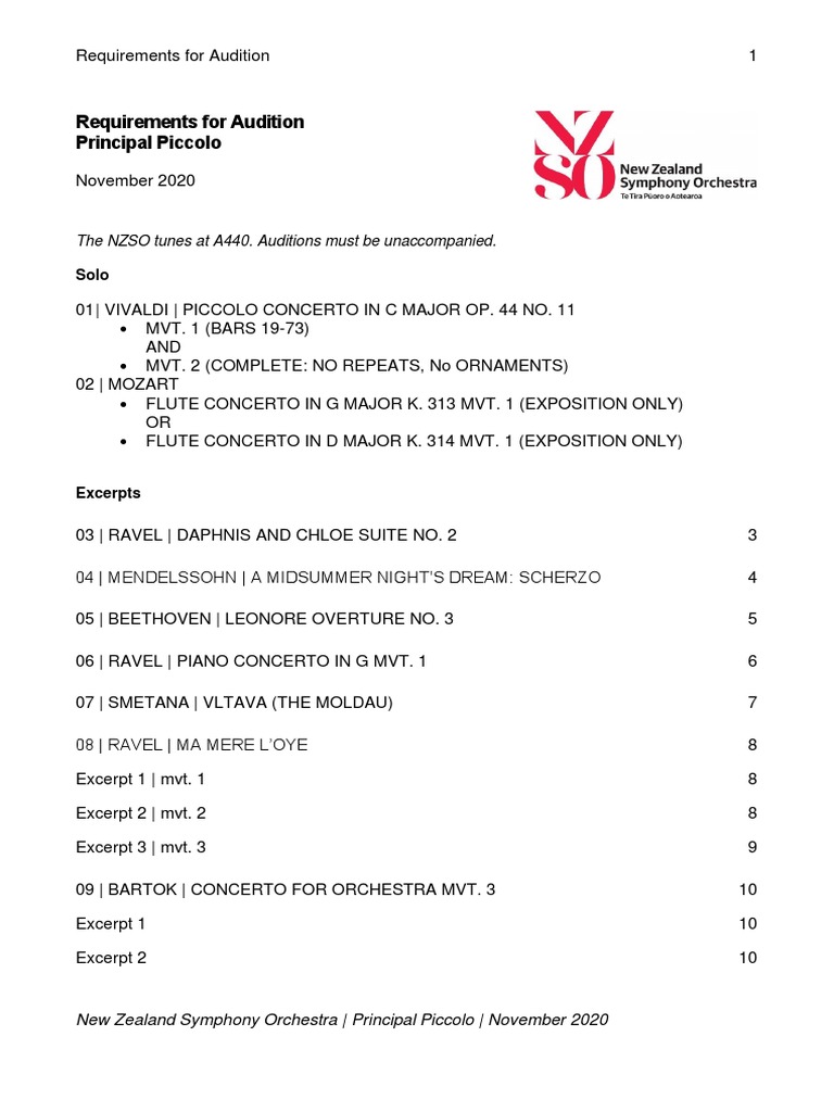 Excerpts and Audition Flute PDF Tempo Classical Compositions