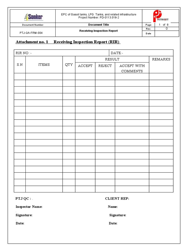 6 PTJ QA FRM 004 Receiving Inspection Report | PDF