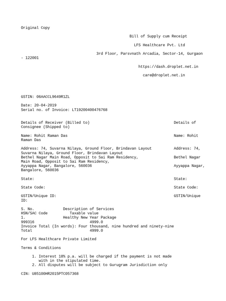 LFS Healthcare Invoice for Services | PDF