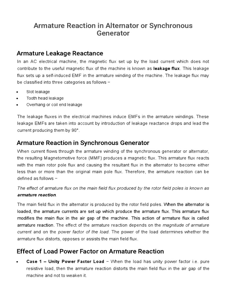 Armature Reaction in Alternator or Synchronous Generator PDF