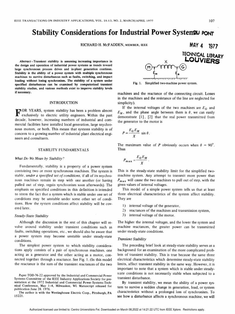 Stability Considerations For Industrial Power System PDF Electric