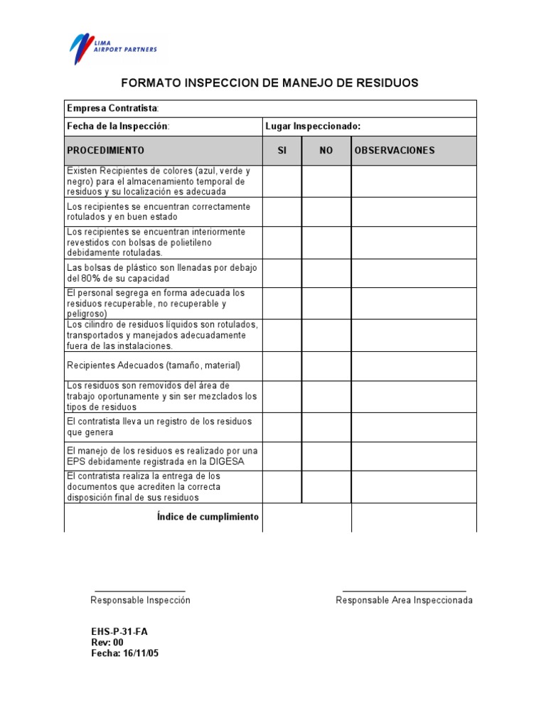 EHS-P-31-FA, Inspección de manejo de residuos