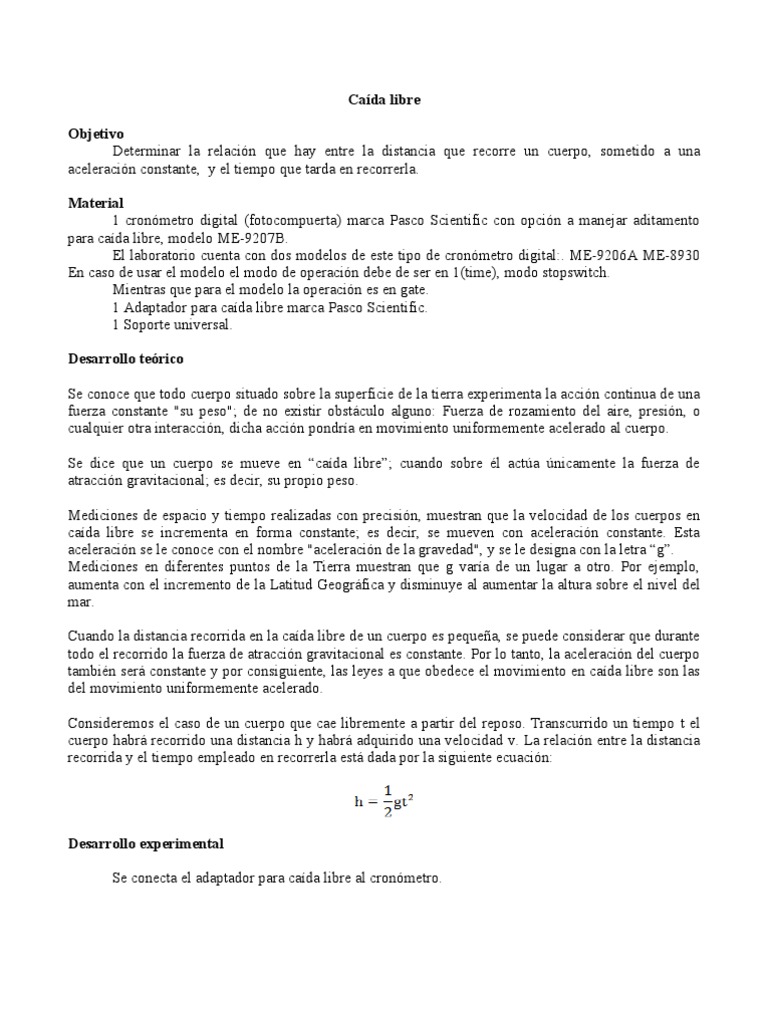 Determinación de La Gravedad Mediante La Caída Libre de Un Objeto | PDF ...
