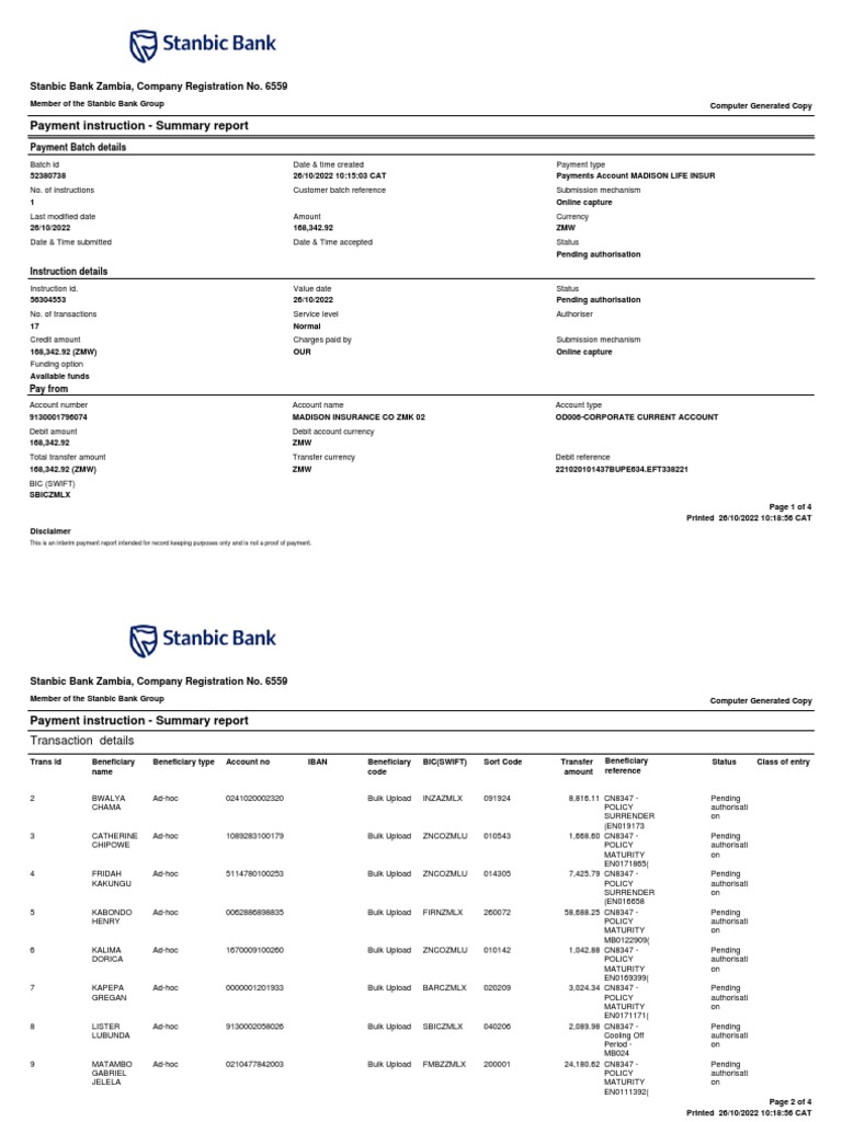 Payment Instruction - Summary Report: Stanbic Bank Zambia, Company ...